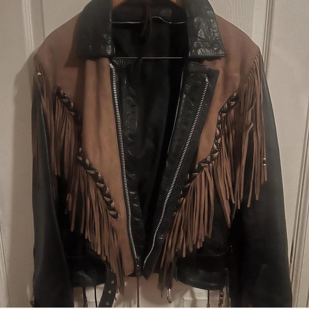 Fringed Leather Jacket in Black and Brown
